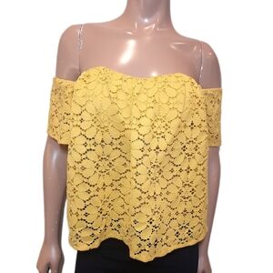 💠LOVERS + FRIENDS Strapless Floral Lace Top Sheer Draped Short Sleeve